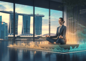 Business professional meditating on glass platform above data visuals, Marina Bay Sands backdrop.