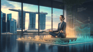 Business professional meditating on glass platform above data visuals, Marina Bay Sands backdrop.