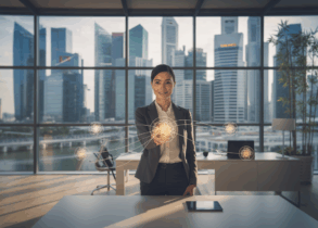 Businesswoman in smart attire interacts with neural network visualization in sleek Singapore office.