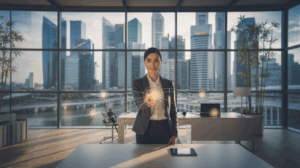 Businesswoman in smart attire interacts with neural network visualization in sleek Singapore office.