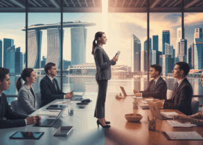 Corporate training room with professionals and traditional classroom setup, Singapore skyline view.