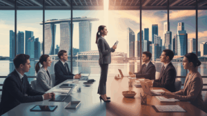 Corporate training room with professionals and traditional classroom setup, Singapore skyline view.