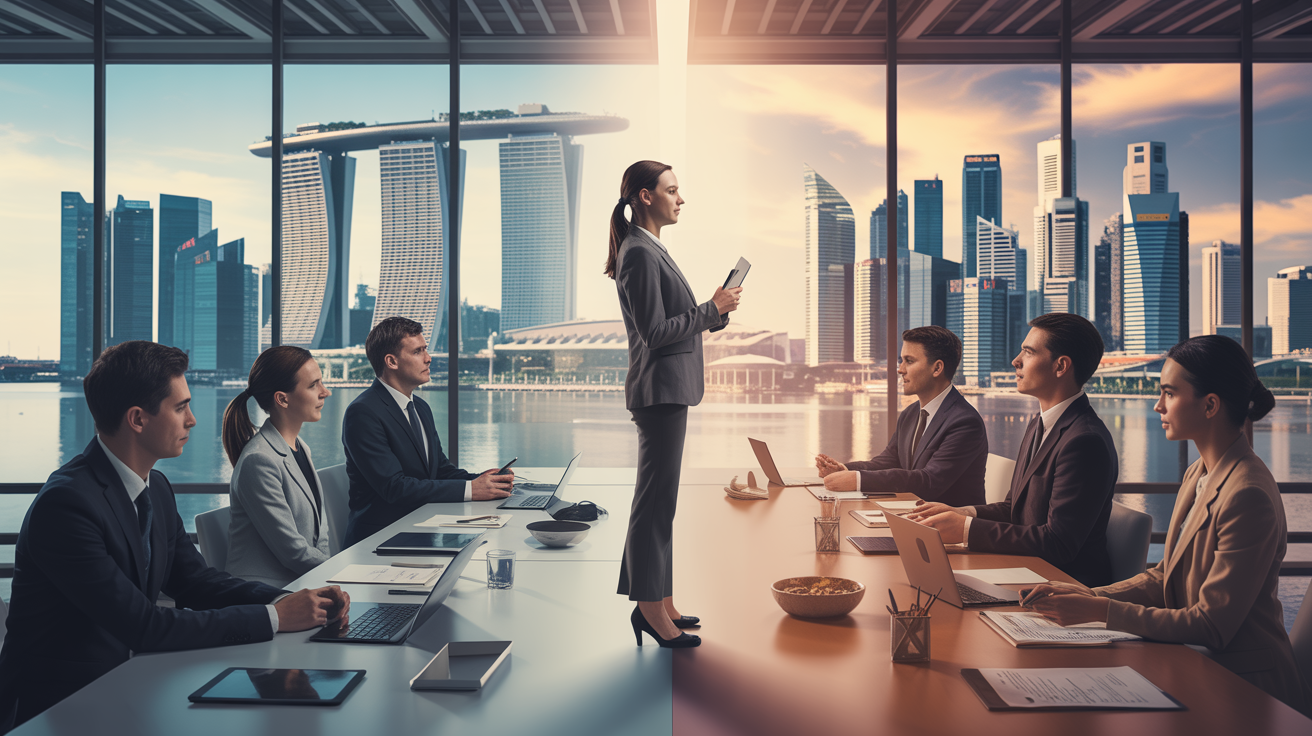 Corporate training room with professionals and traditional classroom setup, Singapore skyline view.