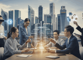 Diverse professionals in a futuristic office collaborate around a holographic display.