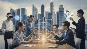 Diverse professionals in a futuristic office collaborate around a holographic display.