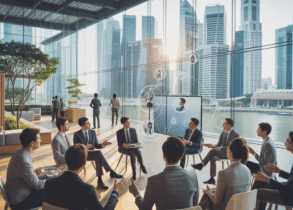Diverse professionals in a sleek Singapore office engage in a collaborative workshop.