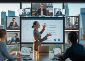 Diverse team in a modern Singapore office in a virtual coaching session.