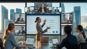 Diverse team in a modern Singapore office in a virtual coaching session.