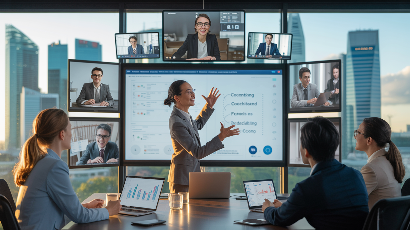 Diverse team in a modern Singapore office in a virtual coaching session.