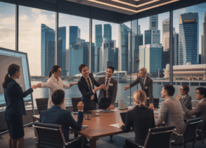 Executives in a modern Singapore boardroom workshop at golden hour, city skyline visible.