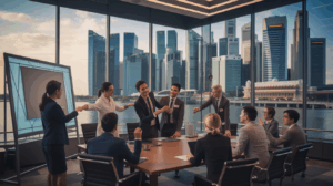 Executives in a modern Singapore boardroom workshop at golden hour, city skyline visible.