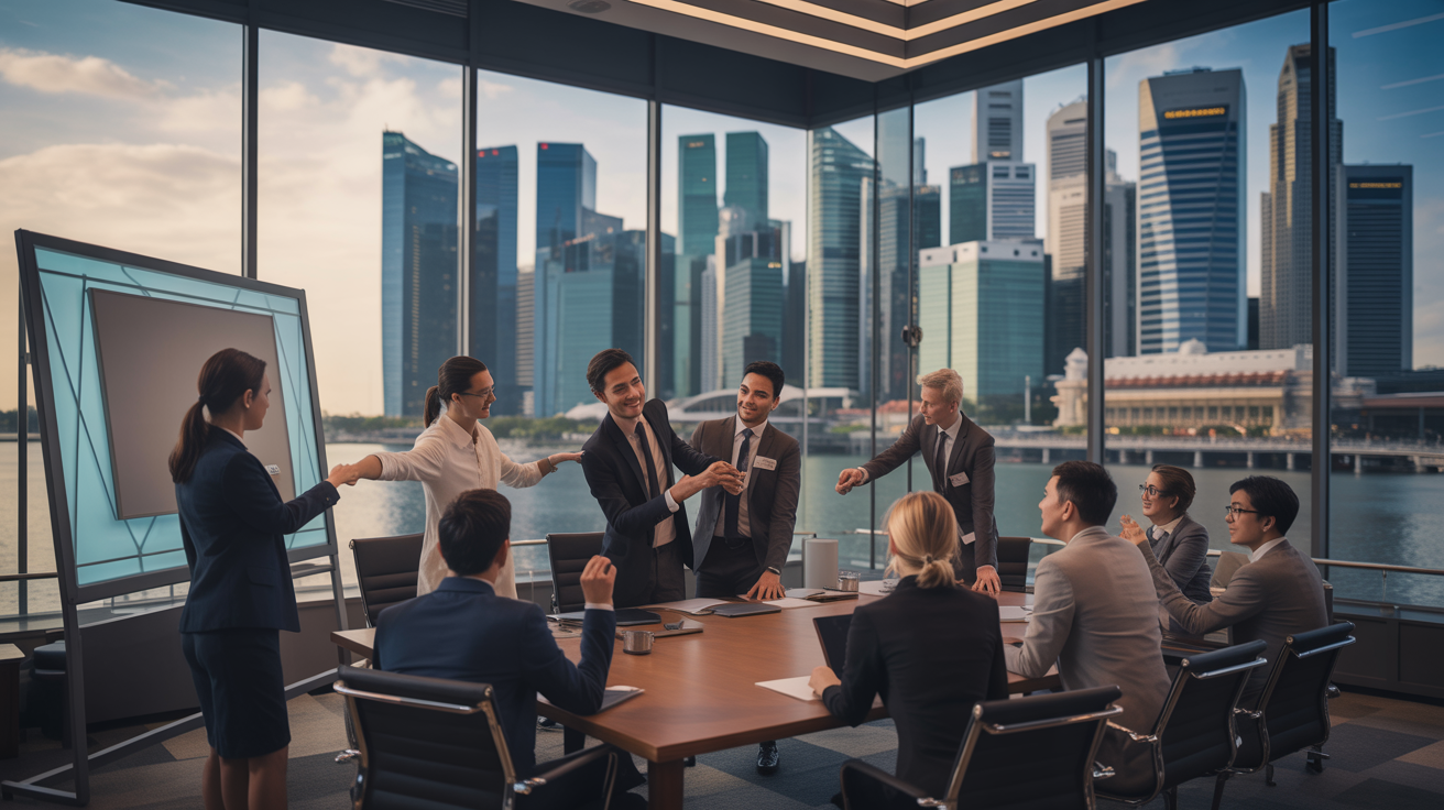 Executives in a modern Singapore boardroom workshop at golden hour, city skyline visible.