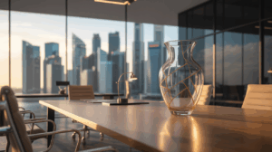 Kintsugi-repaired vase on table in sleek office with city skyline view.