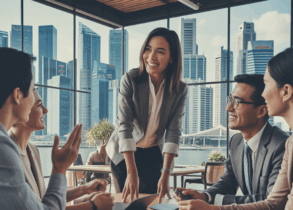 Modern office in Singapore skyscraper, diverse team in meeting, warm atmosphere.