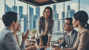 Modern office in Singapore skyscraper, diverse team in meeting, warm atmosphere.