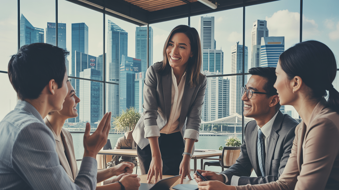 Modern office in Singapore skyscraper, diverse team in meeting, warm atmosphere.