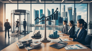 Modern Singapore office split-screen: chaos with turnover vs. training success, Marina Bay view.