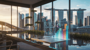Modern Singapore office with holographic data dashboard, Marina Bay Sands skyline view.