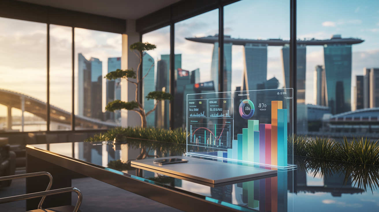 Modern Singapore office with holographic data dashboard, Marina Bay Sands skyline view.