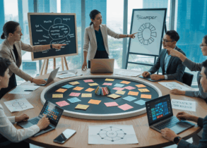 Modern Singapore office with team using brainstorming tools like mind maps and decision matrix.