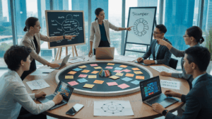 Modern Singapore office with team using brainstorming tools like mind maps and decision matrix.