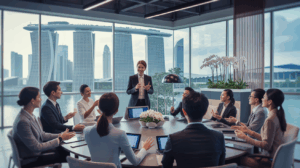 Modern training room in Singapore with diverse professionals, skyline view, sleek design, tech integration.