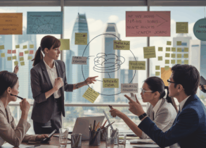 Professionals collaborate around a table with mind maps and Singapore skyline in background.
