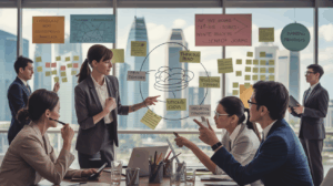 Professionals collaborate around a table with mind maps and Singapore skyline in background.