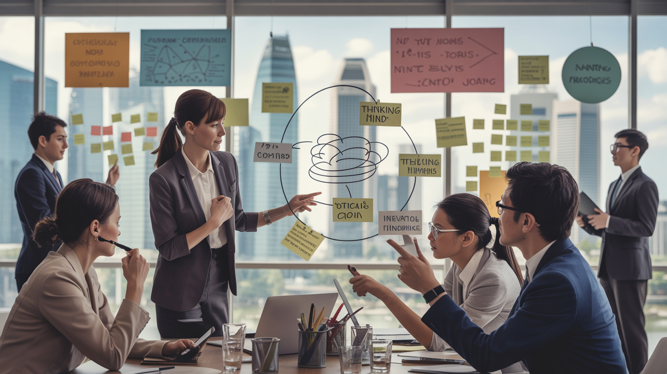 Professionals collaborate around a table with mind maps and Singapore skyline in background.