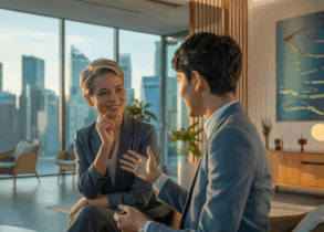 Professionals converse in modern Singapore office with Marina Bay view at golden hour.
