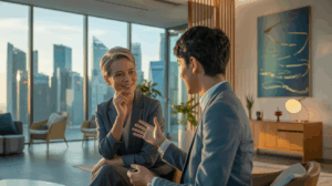 Professionals converse in modern Singapore office with Marina Bay view at golden hour.