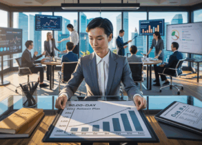 Singapore office with Asian leader at glass desk, team collaboration, skyline view.