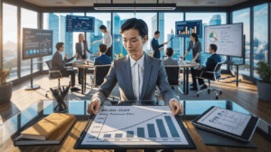 Singapore office with Asian leader at glass desk, team collaboration, skyline view.