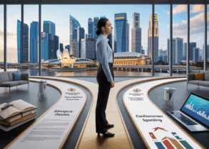 Singaporean professional at career crossroads with funding paths, city skyline in view.