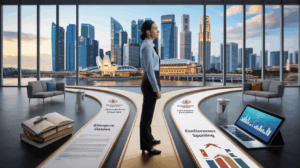Singaporean professional at career crossroads with funding paths, city skyline in view.