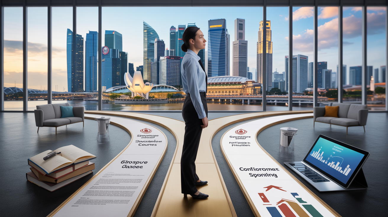 Singaporean professional at career crossroads with funding paths, city skyline in view.