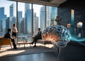 Sleek Singapore office with neural pathways, geometric data shapes, professionals in discussion.