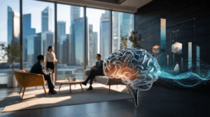 Sleek Singapore office with neural pathways, geometric data shapes, professionals in discussion.
