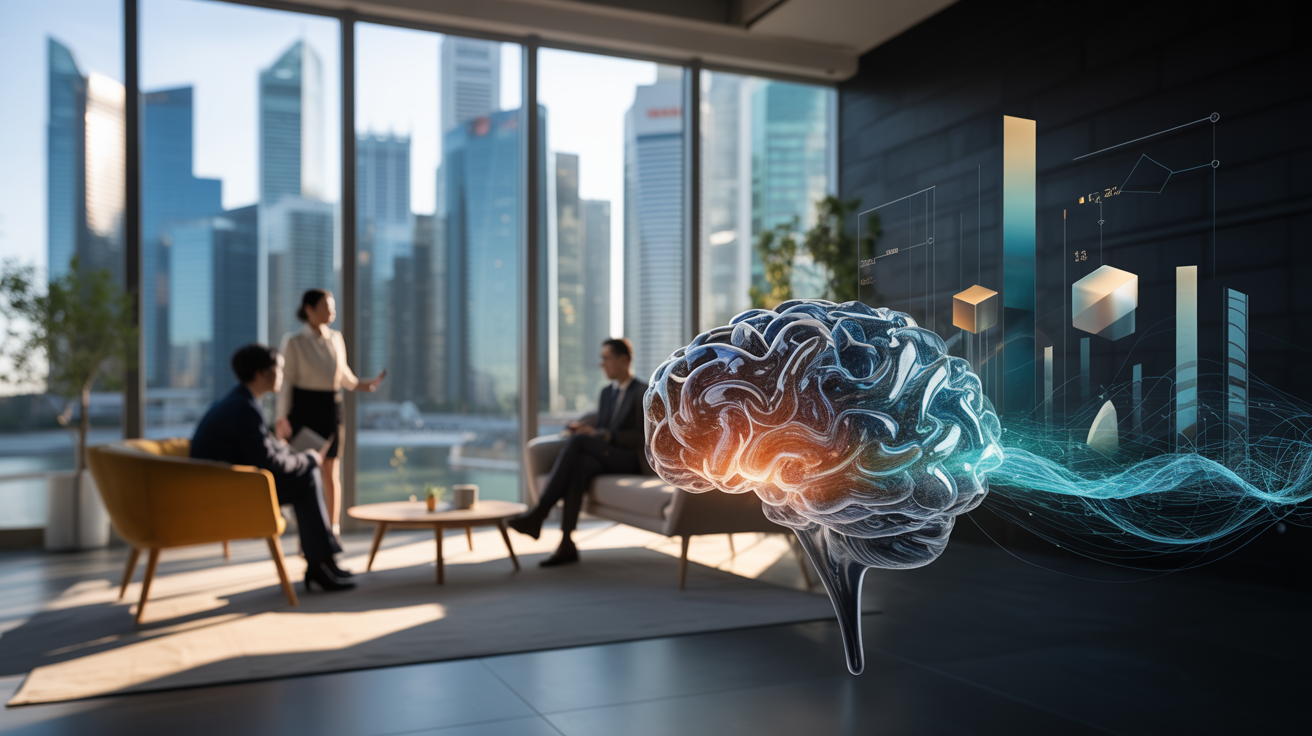 Sleek Singapore office with neural pathways, geometric data shapes, professionals in discussion.