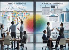 Split-screen office: design team with mind maps, analysts with data charts, Marina Bay view.