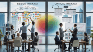 Split-screen office: design team with mind maps, analysts with data charts, Marina Bay view.