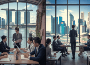 Split-screen: situational leader collaborates by Marina Bay, transformational leader inspires with CBD backdrop.