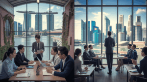 Split-screen: situational leader collaborates by Marina Bay, transformational leader inspires with CBD backdrop.