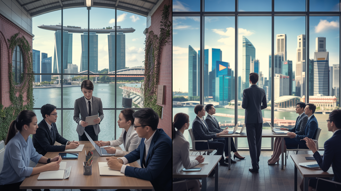 Split-screen: situational leader collaborates by Marina Bay, transformational leader inspires with CBD backdrop.