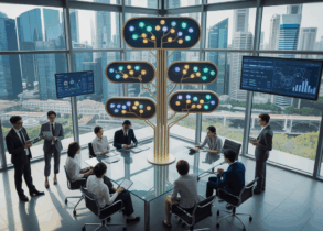 Aerial view of diverse team around a glowing decision tree in a modern Singapore office.