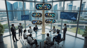 Aerial view of diverse team around a glowing decision tree in a modern Singapore office.