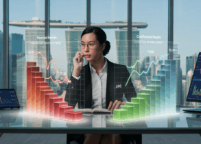 Asian executive in smart attire analyzes 3D data holograms at glass table, Singapore skyline backdrop.