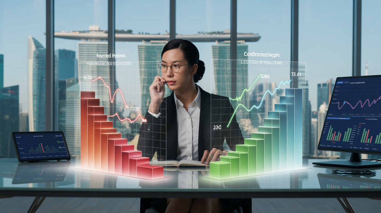 Asian executive in smart attire analyzes 3D data holograms at glass table, Singapore skyline backdrop.