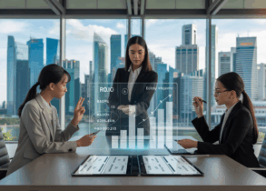 Asian professionals analyze holographic data in modern office with Singapore skyline.