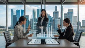 Asian professionals analyze holographic data in modern office with Singapore skyline.